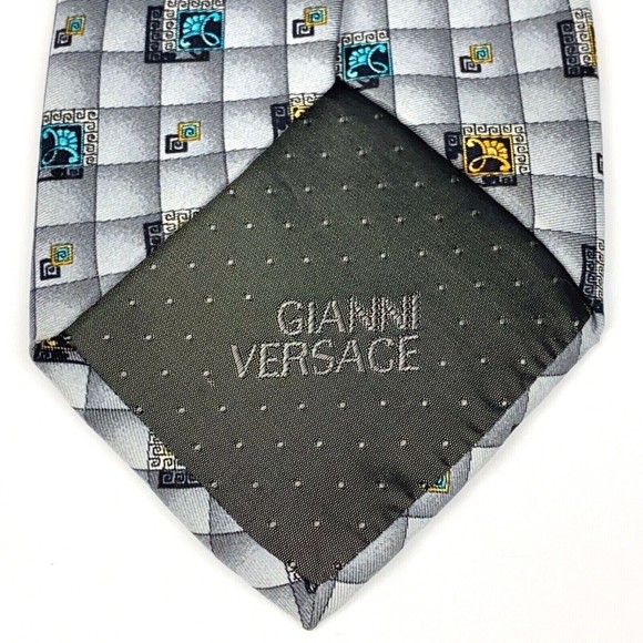 GIANNI VERSACE Vintage 90s Tie Baroque Flower Medusa Grey Squares Plaid Necktie - Picture 4 of 12